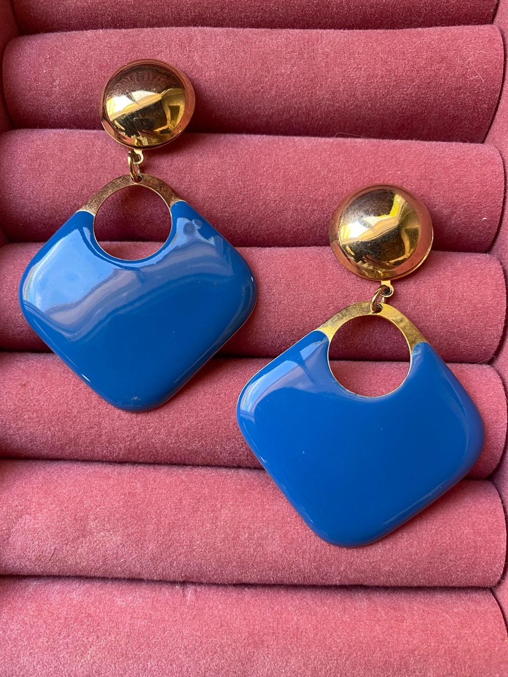 80s Gold and Blue Enamel Geometric Statement Earrings